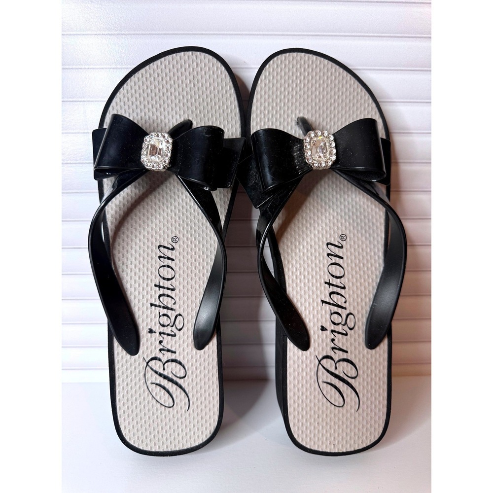 Brighton Bowie Wedge Flip Flops Black Silver Rhinestone Bow Size 9 NWOT